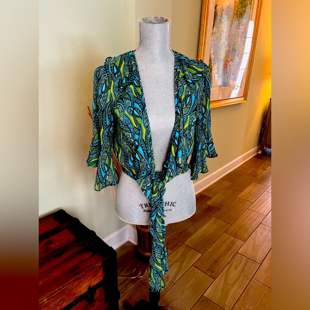 Bisou bisou  teal swirls chiffon,shrug,bolero top long sleeve tie waist X-small